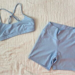 ALO Yoga Light Blue Sports Bra and Shorts Set